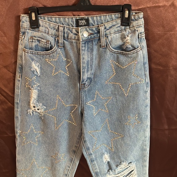 Simple Society Y2K light wash distressed stars rhinestones high rise jeans 5/27 - Picture 2 of 16